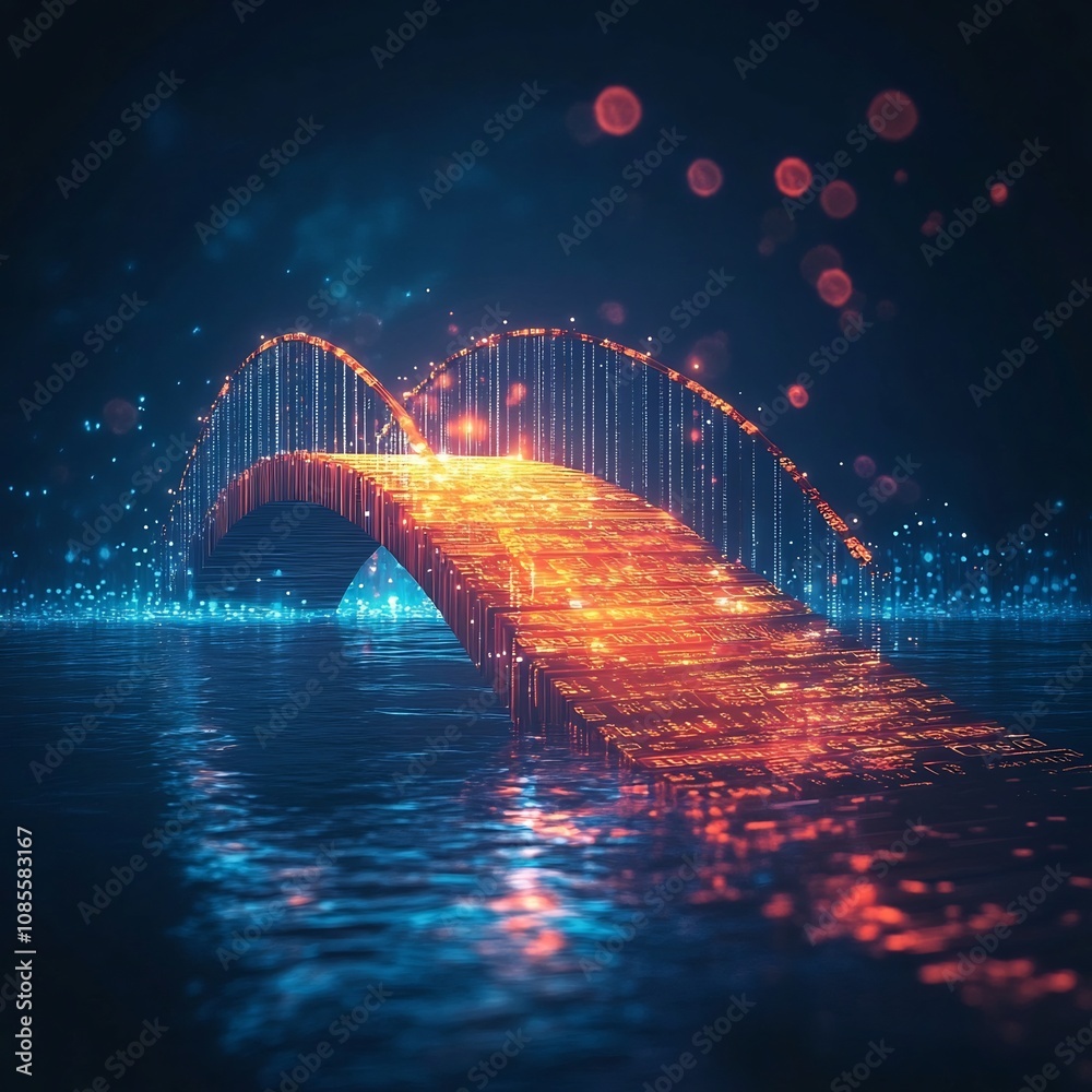 Obraz premium Glowing Financial Bridge Leading Across River of Uncertainty to Prosperous Future