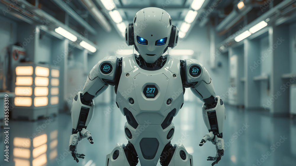 Humanoid AI robot stands in a futuristic laboratory. Details of data screens on the robot's arms and sensors around it. Humanoid AI robot stands in a futuristic laboratory. Details of data screens on the robot's arms and sensors around it.
