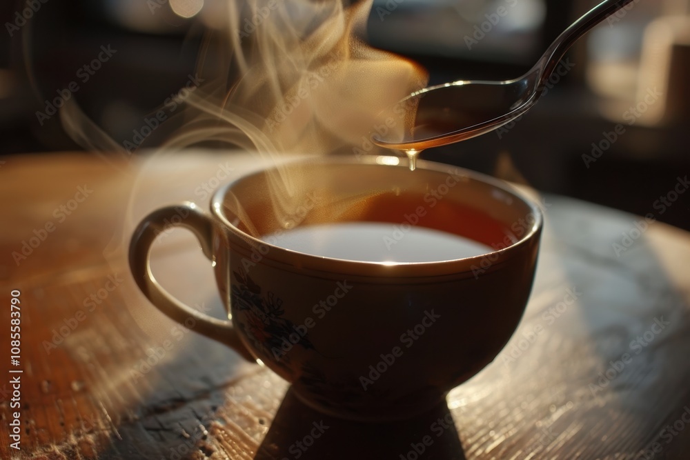 Cozy Atmosphere with a Hot Cup of Tea and Spoonful of Cane Sugar Cozy Atmosphere with a Hot Cup of Tea and Spoonful of Cane Sugar