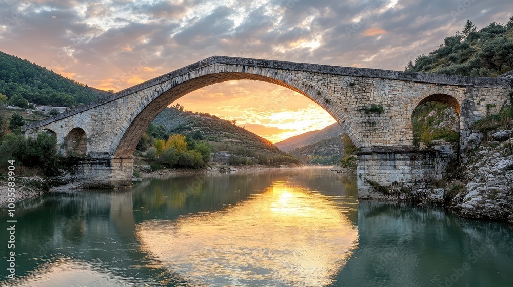 Fototapeta premium Majestic Arching Bridge Over Serene River at Sunset
