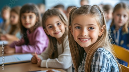 primary elementary school group of children studying in the classroom. learning and sitting at the desk. young cute kids smiling, high quality photo