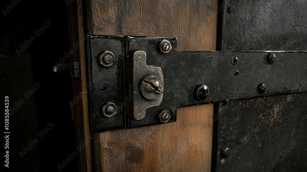 Obraz premium Close-up of Rustic Wooden Door with Black Metal Hardware and Hinge Detail