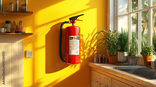 Wallpaper Mural Single fire extinguisher on a bright yellow wall in a kitchen, easily visible and accessible for emergencies. Torontodigital.ca