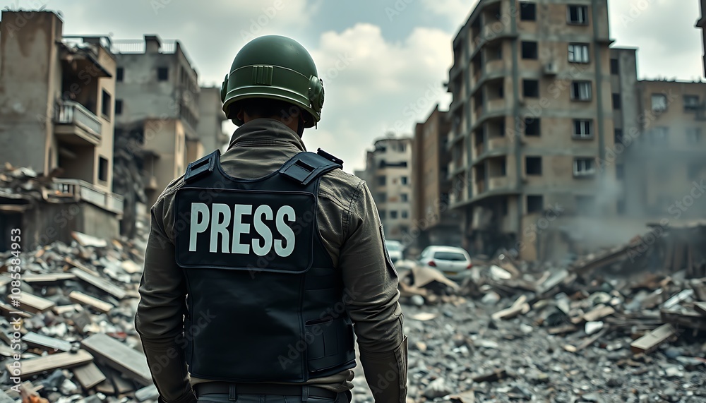 Reporter at Disaster Site Wearing Safety Helmet and Press Vest, Ready to Broadcast Live Updates Reporter at Disaster Site Wearing Safety Helmet and Press Vest, Ready to Broadcast Live Updates