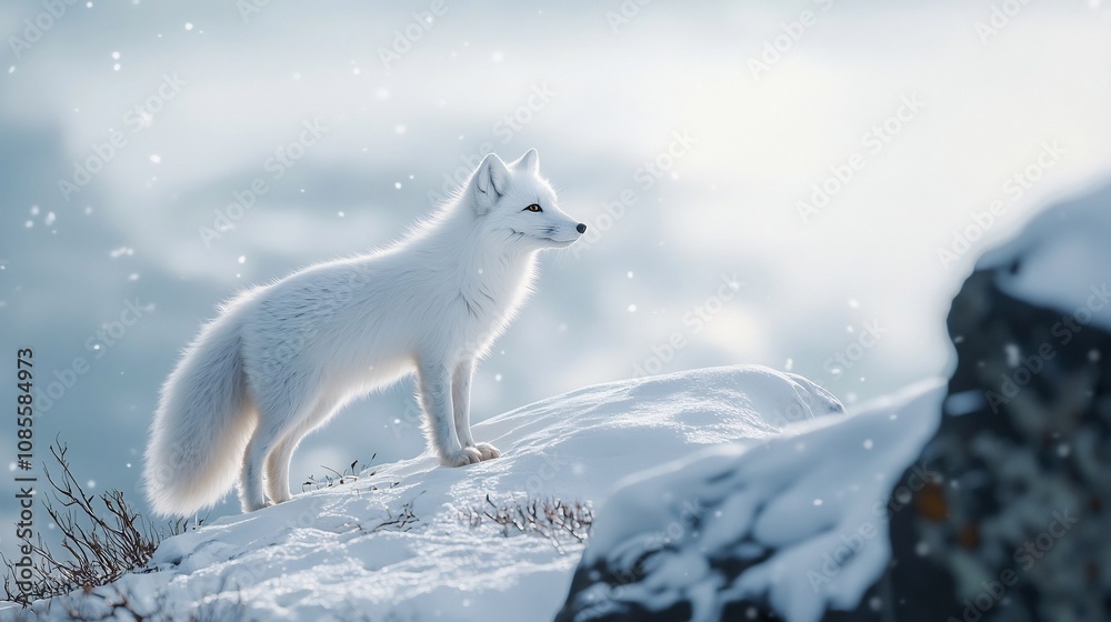 Lone Arctic Fox Standing on Snowy Ridge Blending into Winter Landscape Lone Arctic Fox Standing on Snowy Ridge Blending into Winter Landscape