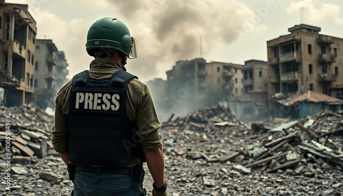 Reporter at Disaster Site Wearing Safety Helmet and Press Vest, Ready to Broadcast Live Updates
