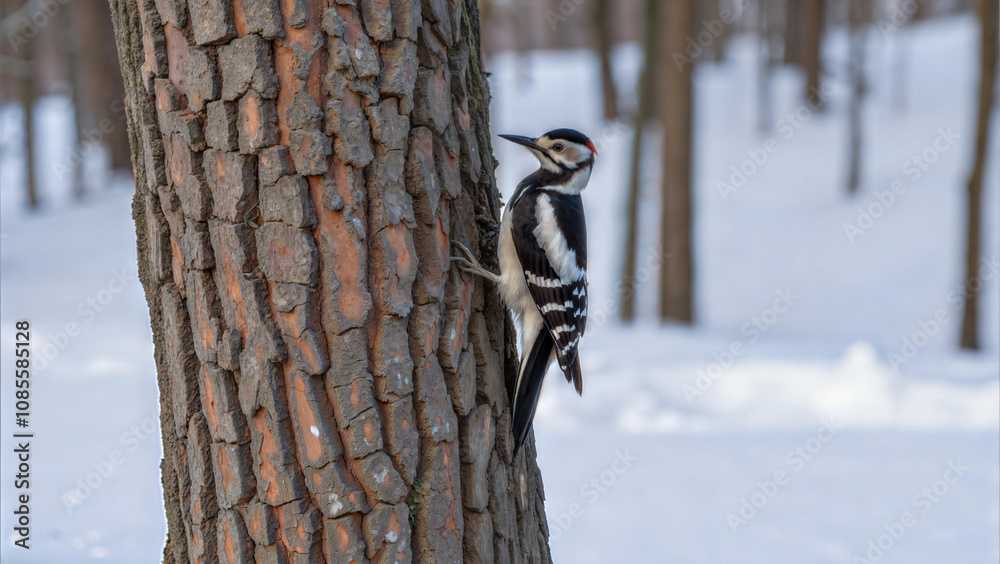 Woodpecker climbing on tree trunk in snowy forest during winter Woodpecker climbing on tree trunk in snowy forest during winter