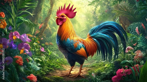 Wallpaper Mural Vibrant Rooster in Lush Tropical Forest Surrounded by Colorful Flowers and Greenery, Exhibiting Striking Plumage and a Captivating Presence in Nature Torontodigital.ca