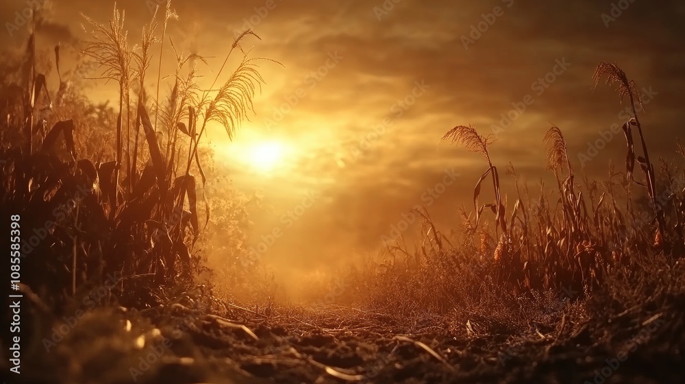 Golden Sunrise Over a Serene Cornfield with Fading Light and Gentle Mist, Evoking a Sense of Calm and Tranquility in Nature's Embrace Golden Sunrise Over a Serene Cornfield with Fading Light and Gentle Mist, Evoking a Sense of Calm and Tranquility in Nature's Embrace