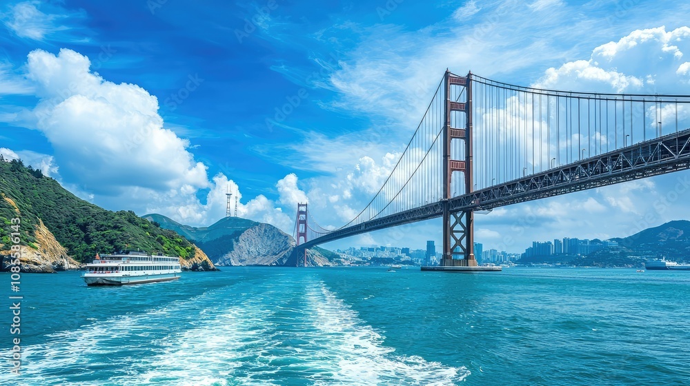 Naklejka premium Large Suspension Bridge Over Open Bay