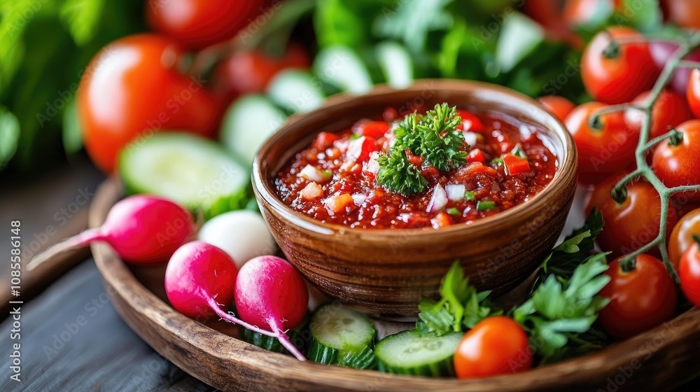 Fresh Homemade Salsa in a Rustic Bowl Surrounded by Colorful Fresh Vegetables Including Tomatoes, Cucumbers, Radishes, and Greens on a Wooden Table Fresh Homemade Salsa in a Rustic Bowl Surrounded by Colorful Fresh Vegetables Including Tomatoes, Cucumbers, Radishes, and Greens on a Wooden Table