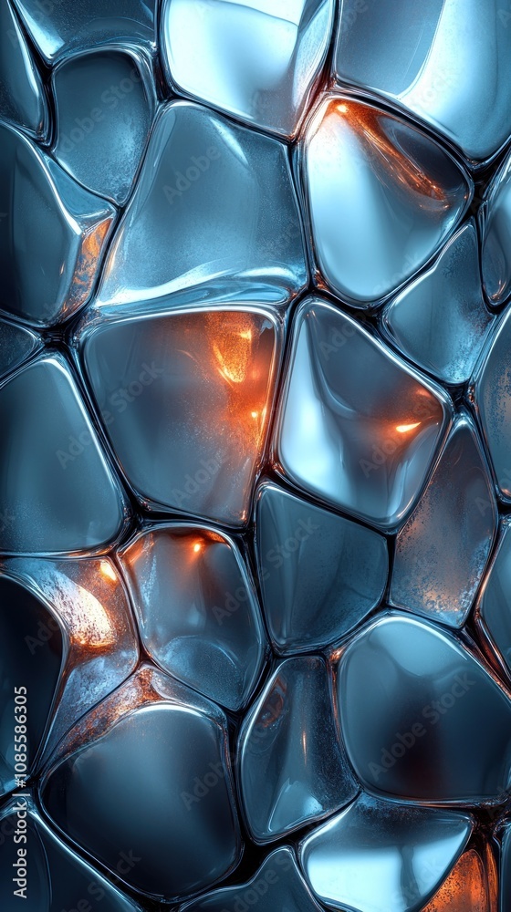 Abstract close-up of glossy, irregular shapes with glowing highlights. Abstract close-up of glossy, irregular shapes with glowing highlights.