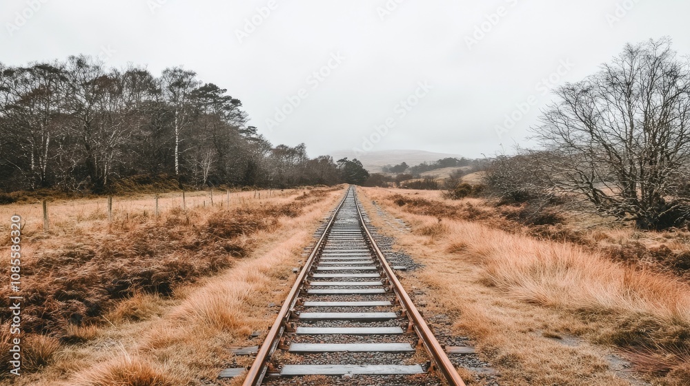 Fototapeta premium Serene Rural Landscape Featuring Abandoned Railway Tracks Surrounded by Sparse Vegetation and Misty Atmosphere in a Tranquil Environment