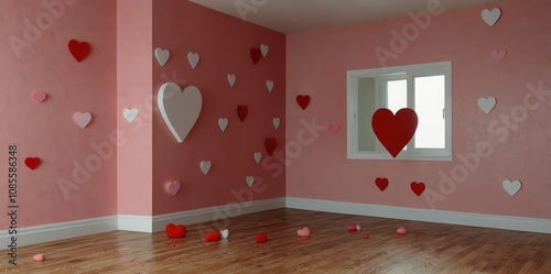 White hearts and many red hearts in the room. The walls are decorated with pink bright colors. Rooms of Love on Valentine`s Day.