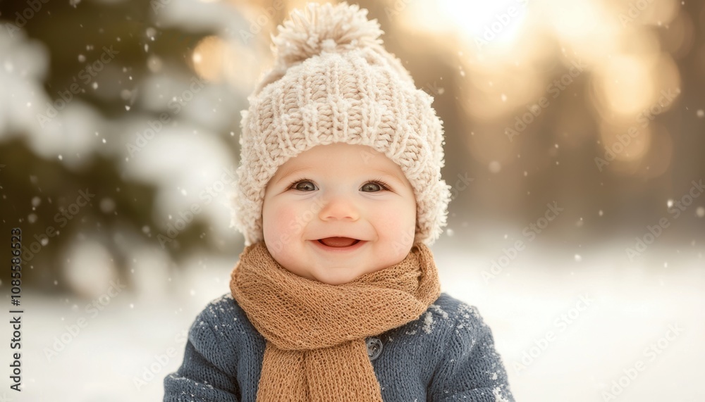 A joyful baby in a cozy winter outfit, smiling brightly amidst falling snowflakes, capturing the essence of childhood happiness. A joyful baby in a cozy winter outfit, smiling brightly amidst falling snowflakes, capturing the essence of childhood happiness.