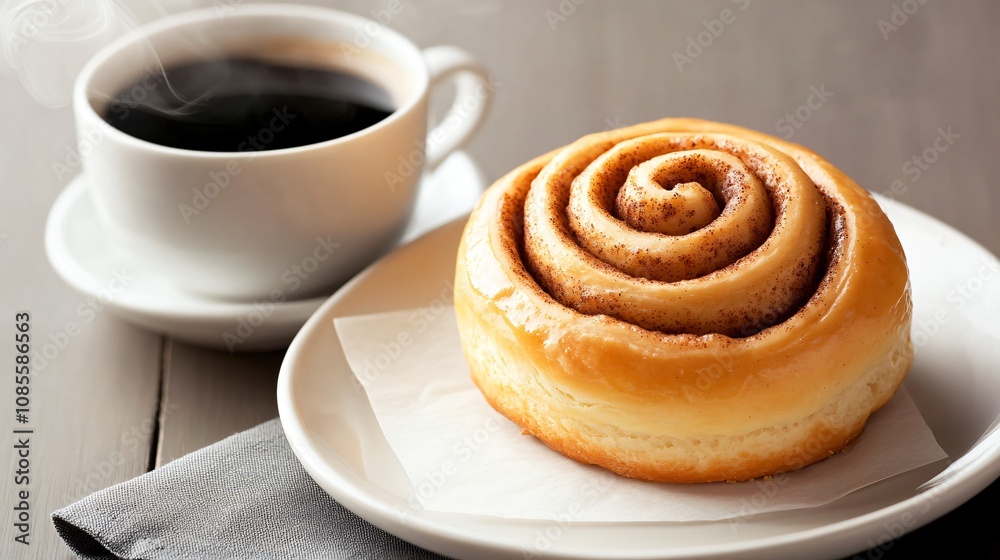 A delicious cinnamon roll on a plate next to a cup of coffee, perfect for a cozy breakfast or snack. A delicious cinnamon roll on a plate next to a cup of coffee, perfect for a cozy breakfast or snack.