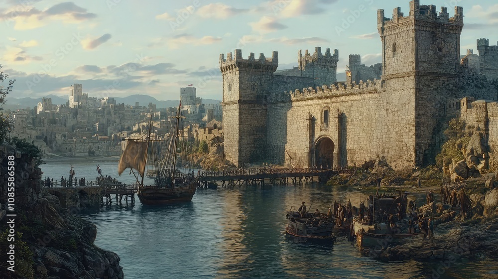 Obraz premium Majestic Kingdom with Towering Stone Walls and Drawbridges