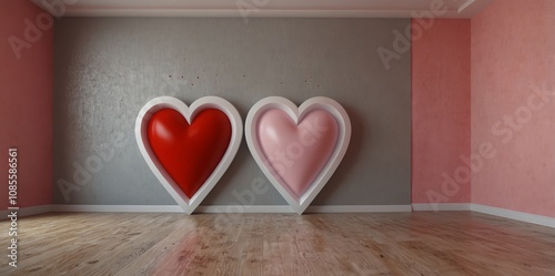 White hearts and many red hearts in the room. The walls are decorated with pink bright colors. Rooms of Love on Valentine`s Day.