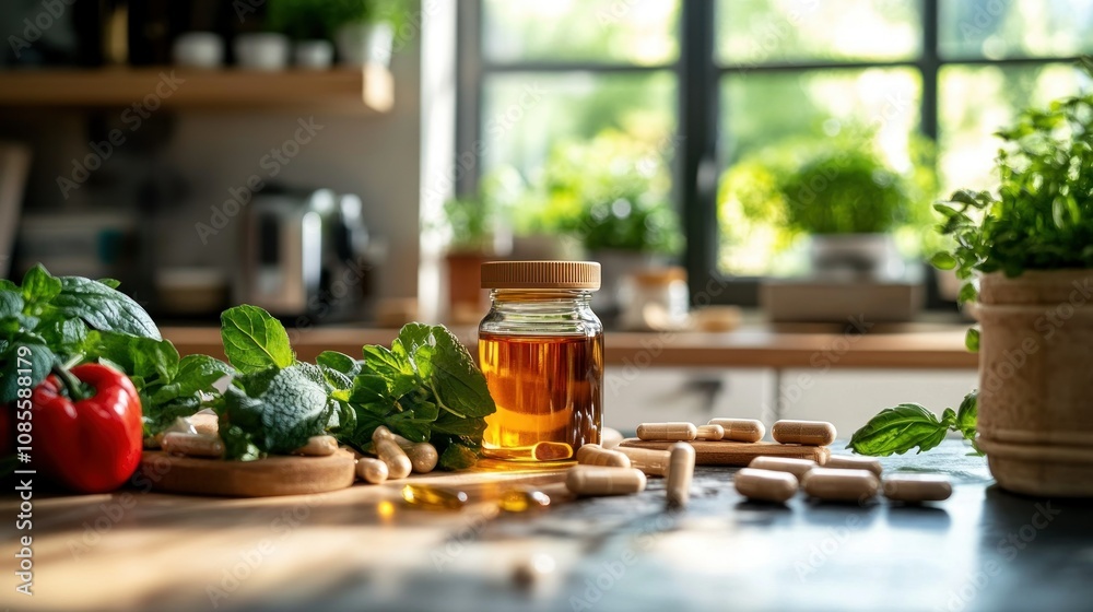Kitchen scene with herbs, oil, and supplements. Kitchen scene with herbs, oil, and supplements.