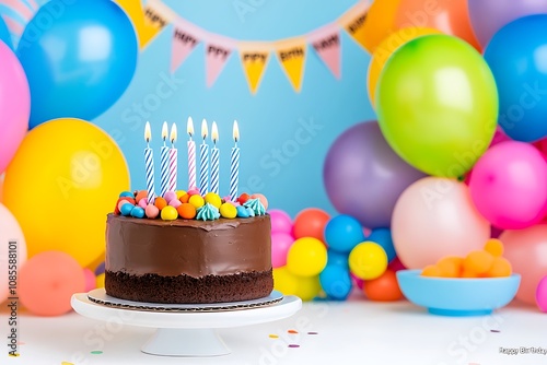 Festive Birthday Chocolate Cake with Colorful Balloons and Candles photo