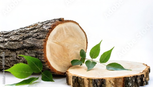 Fraxinus or ash, is a genus of plants in the olive and lilac family, Oleaceae. Wood log, leaf or leaves showing inside growth rings, used for making planks for building homes or structures. Isolated