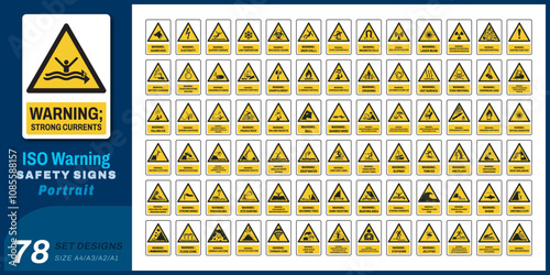 78 set iso warning safety signs v57_strong currents_portrait size a4/a3/a2/a1