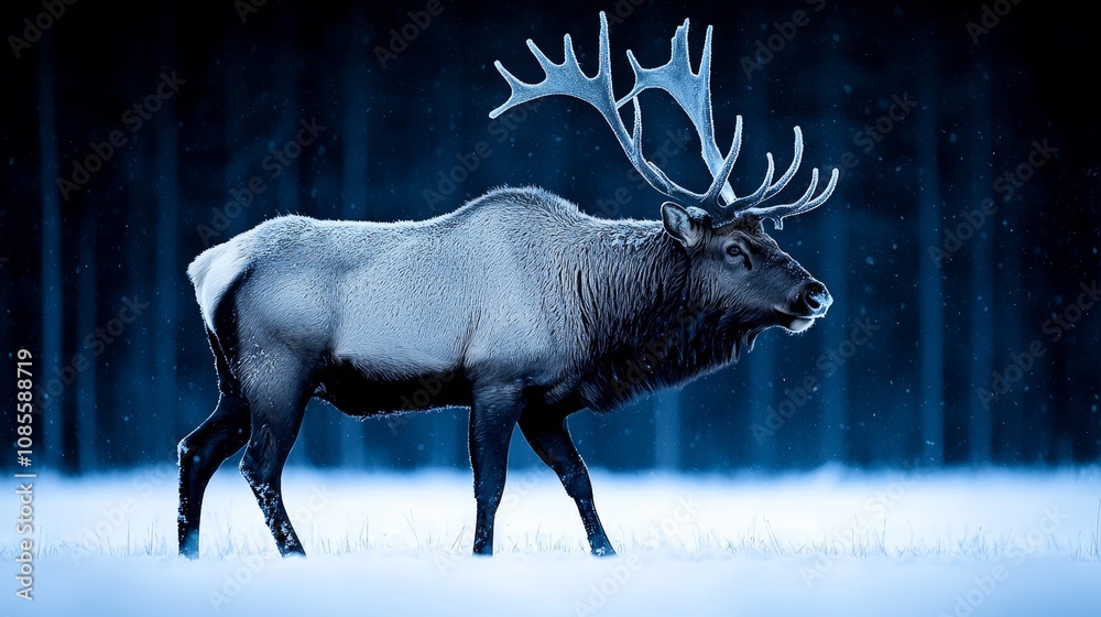 Majestic Elk Walking Through Snowy Winter Landscape Christmas Spirit Nature Photography Serene Environment Side View Wildlife Beauty