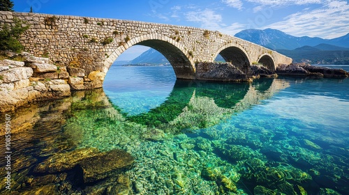 Historic Arched Stone Bridge Reflected in Clear Water