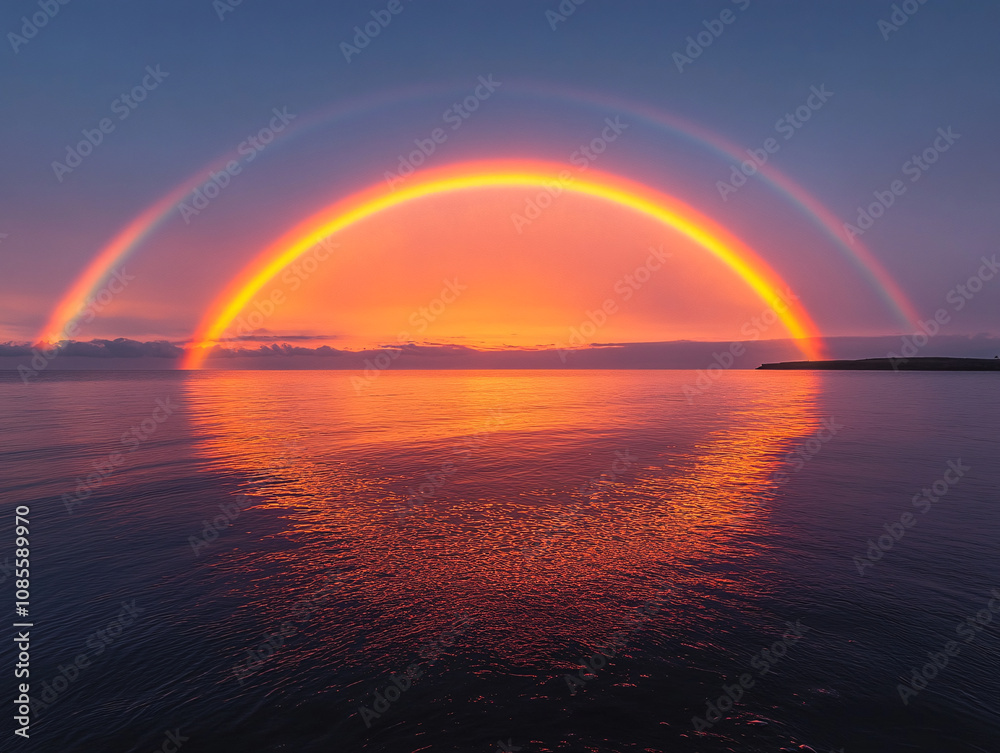 a stunning view of a rainbow arching across a coastline, with a cliff in the background and a lush green hill.