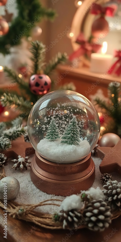 Snow globe surrounded by festive decorations in a warm and cozy setting, winter, holiday Snow globe surrounded by festive decorations in a warm and cozy setting, winter, holiday