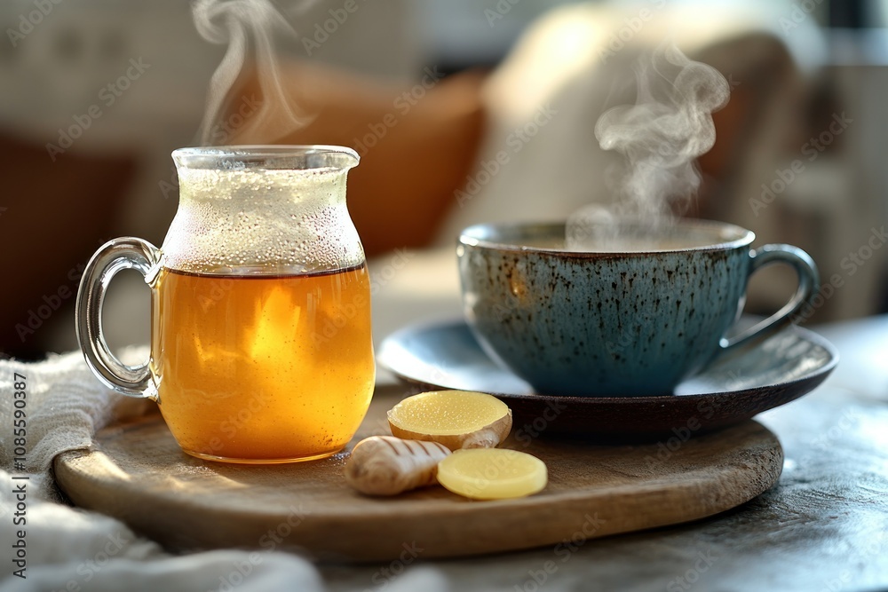 Steaming tea and ginger on a cozy table. Steaming tea and ginger on a cozy table.