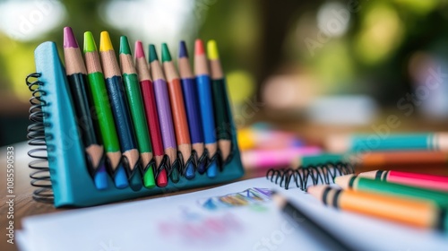 Vibrant Collection of Colorful Colored Pencils in a Holder on a Desk Surrounded by Drawing Paper and Stationery Items in a Natural Setting