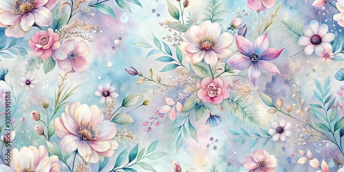 Watercolor Floral Seamless Pattern with Delicate Blossoms and Soft Pastel Hues on a Dreamy Watercolor Background