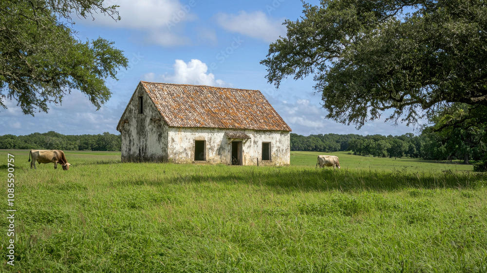 Abandoned Rustic Barn Surrounded by Lush Green Pasture and Cattle Under a Blue Sky with Fluffy White Clouds in a Peaceful Rural Landscape