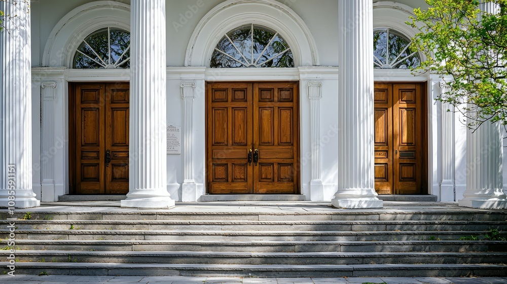 Elegant Greek Revival Church Entry with Arched Doors Elegant Greek Revival Church Entry with Arched Doors