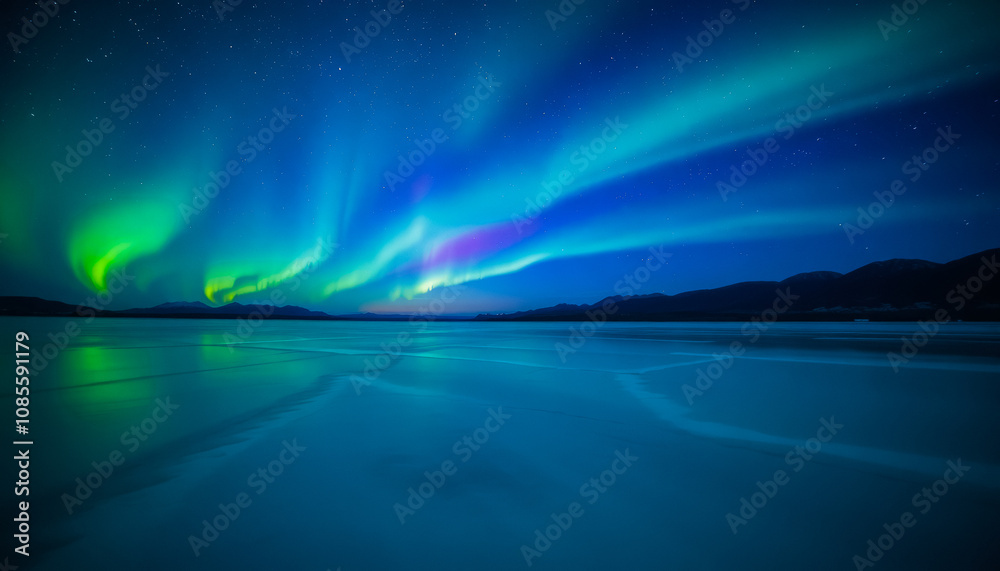 Naklejka premium Stunning winter landscape: the night sky with the northern lights reflected in the water of a mountain lake. Night winter landscape with aurora. Borealis.