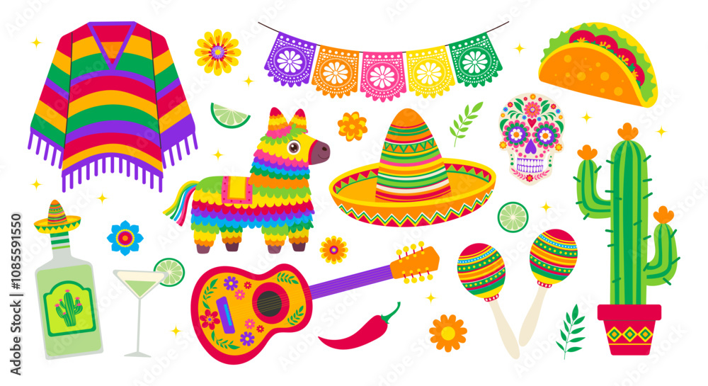 Cinco de mayo set. A colorful collection of Mexican items including a sombrero, a guitar, a cactus, and a margarita glass Cinco de mayo set. A colorful collection of Mexican items including a sombrero, a guitar, a cactus, and a margarita glass