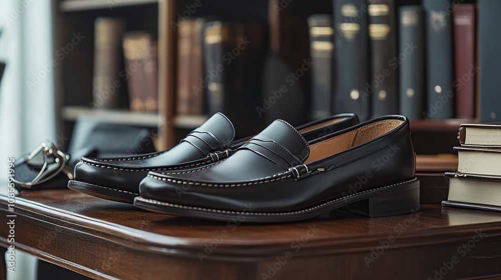 Elegant black loafers on a polished wooden table. Elegant black loafers on a polished wooden table.