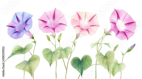 Watercolor Morning Glories on White Background Minimalist Floral Art