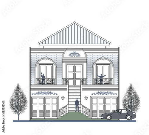 Facade of 2 storeys symmetrical modern classic house with 3 doors, 2 windows, frame, railing, canopy, crown, balcony, garage and curve wall element.