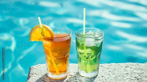 Two refreshing drinks by a poolside, perfect for relaxation and enjoyment.