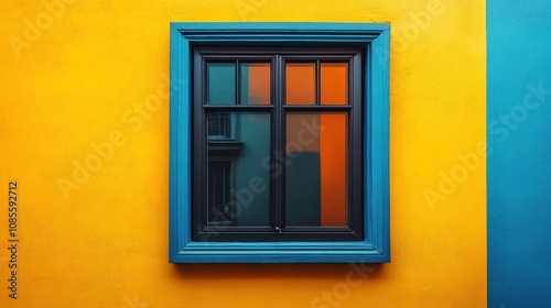 Colorful window framed by vibrant yellow and blue walls.