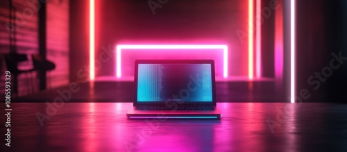 Laptop illuminated by neon lights in a modern space.