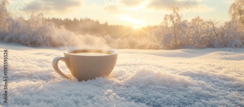 Cozy cup of coffee surrounded by a pristine winter landscape of snow and frost evoking warmth on a chilly day