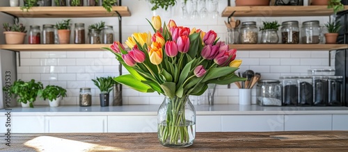 Colorful tulips bouquet in a clear vase on a rustic wooden countertop enhancing the modern white u shaped kitchen aesthetic with open shelves showcasing plants and jars photo