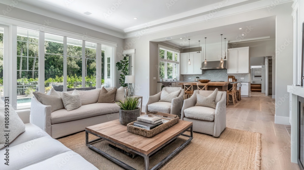 Minimalist family room with soft gray tones, simple furniture, wooden coffee table, warm and inviting Minimalist family room with soft gray tones, simple furniture, wooden coffee table, warm and inviting
