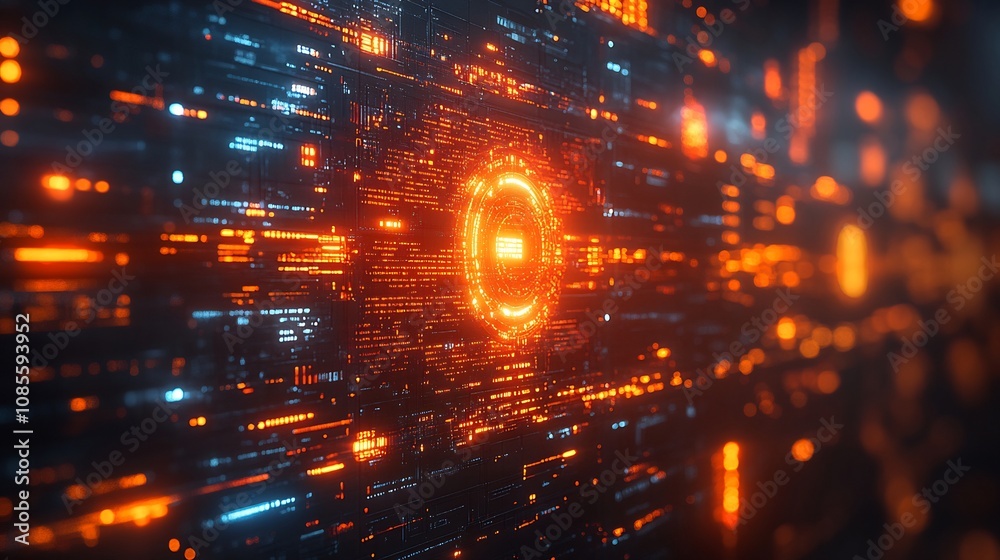 Fototapeta premium Hacker attempting breach a glowing firewall with dynamic digital codes shield visuals and cyber defenses protecting critical information