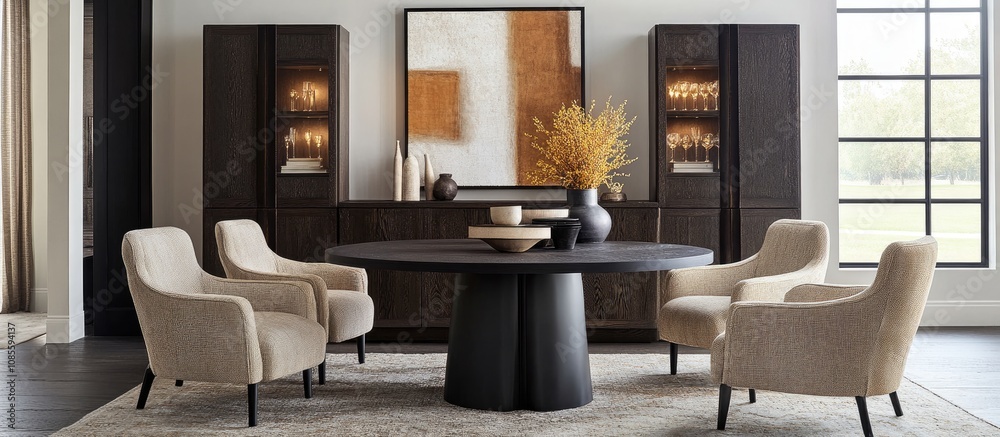Fototapeta premium Cozy living room featuring a stylish table comfortable chairs and a sleek modern cabinet perfect for relaxation and entertaining