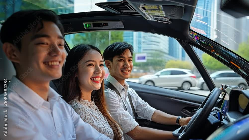Three Asian people smiling and laughing in a car man driving The woman was sitting in the passenger seat. Three Asian people smiling and laughing in a car man driving The woman was sitting in the passenger seat.