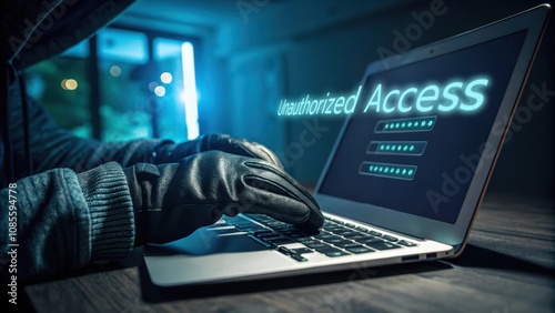 A gloved figure types on a laptop attempting unauthorized access in a dimly lit room. photo